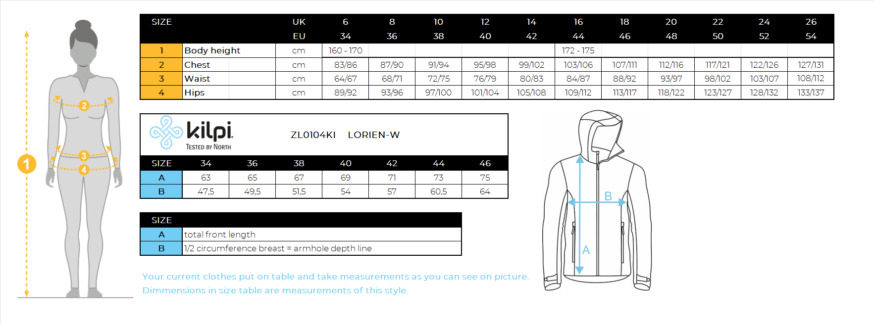 FEMMEla veste de ski de Kilpi LORIEN-W – Size chart