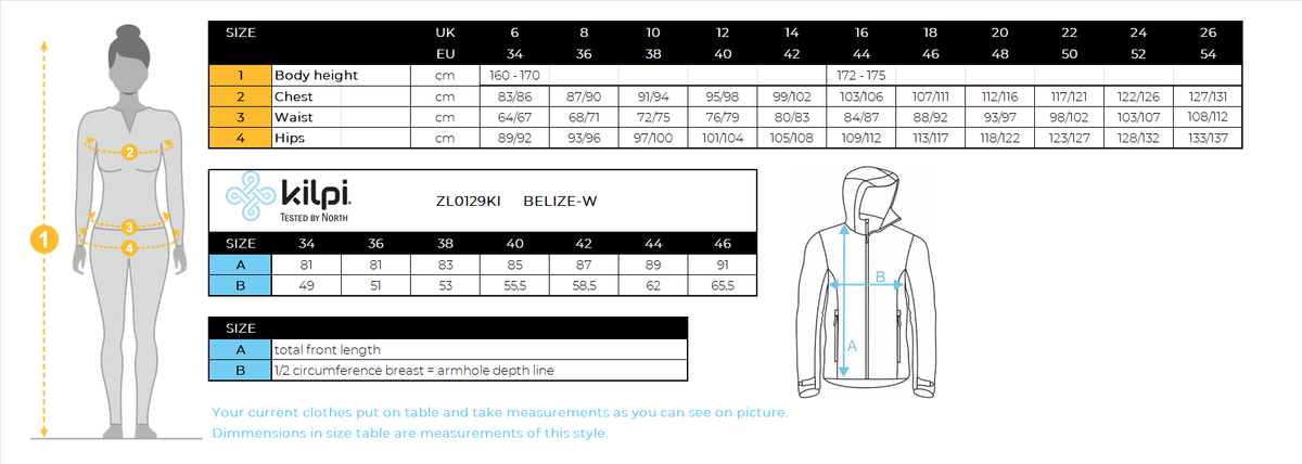 FEMMEle manteau d'hiver Kilpi BELIZE-W – Size chart