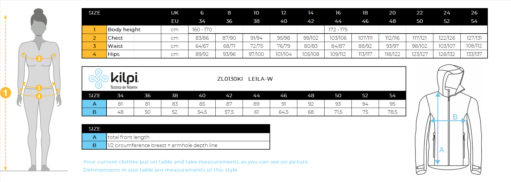 Women's insulated coat Kilpi LEILA-W – Size chart