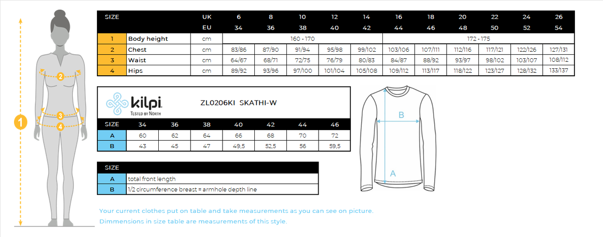 FEMMEle sweat chaud de Kilpi SKATHI-W – Size chart