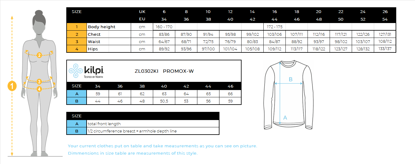 FEMMET-shirt à manches longues en coton Kilpi PROMOX-W – Size chart