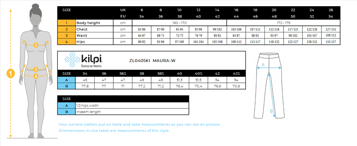 Women's ski softshell pants Kilpi MAURA-W – Size chart