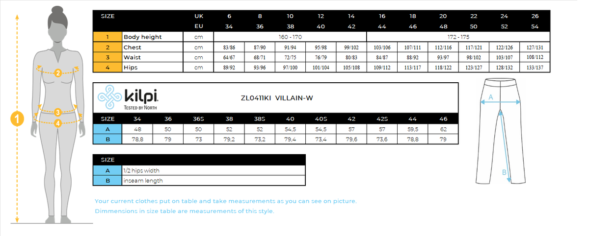 Women's outdoor pants Kilpi VILLAIN-W – Size chart