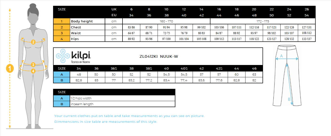 FEMMEle pantalon d'extérieur Kilpi NUUK-W – Size chart