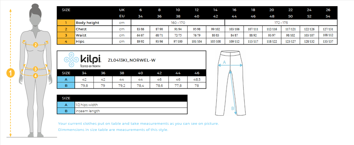FEMMEle pantalon de course Kilpi NORWEL-W – Size chart