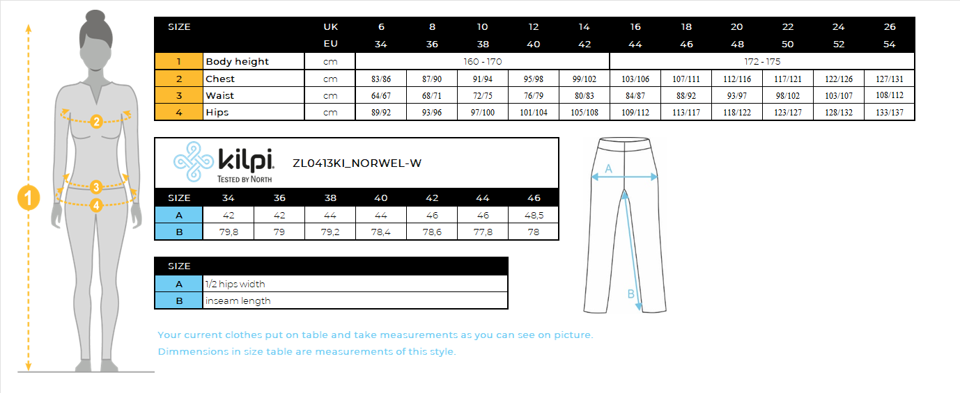 FEMMEle pantalon de course Kilpi NORWEL-W – Size chart