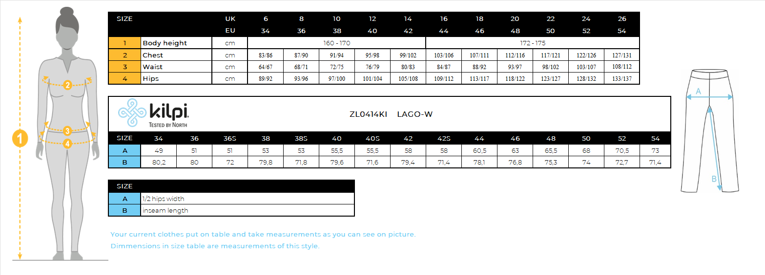 Women's outdoor pants Kilpi LAGO-W – Size chart