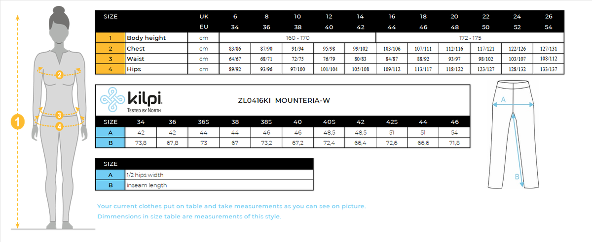 FEMMEle pantalon d'extérieur Kilpi MOUNTERIA-W – Size chart
