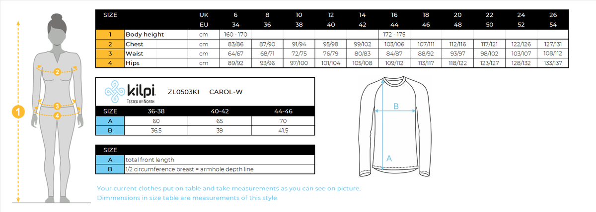 Women's seamless thermal long-sleeve T-shirt Kilpi CAROL-W – Size chart