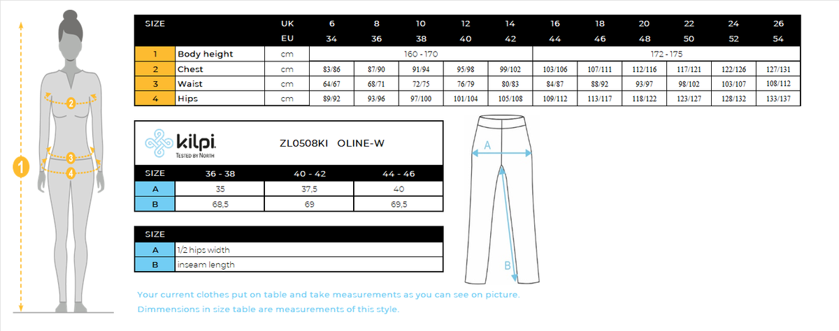 Women's seamless thermal pants Kilpi OLINE-W – Size chart