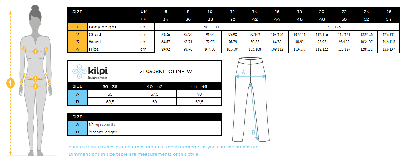 Women's seamless thermal pants Kilpi OLINE-W – Size chart