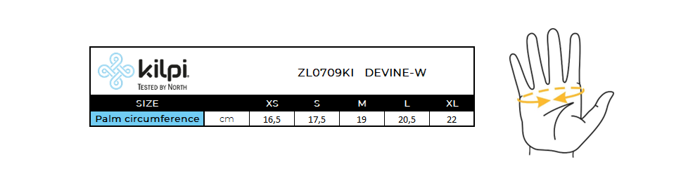 FEMMEles gants de ski Kilpi DEVINE-W – Size chart