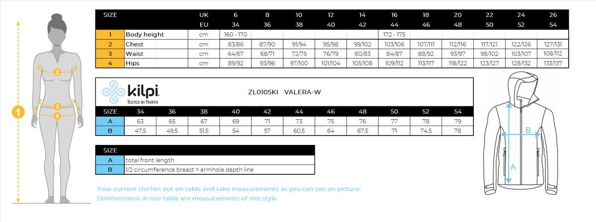 FEMMEla veste de ski de Kilpi VALERA-W – Size chart