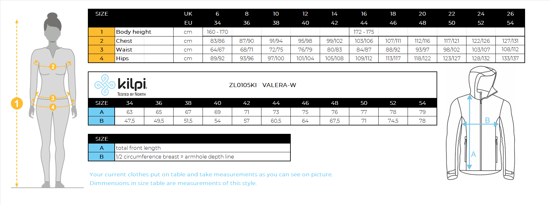 FEMMEla veste de ski de Kilpi VALERA-W – Size chart
