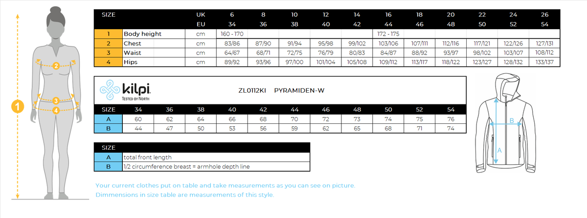 FEMMEla doudoune Kilpi PYRAMIDEN-W – Size chart