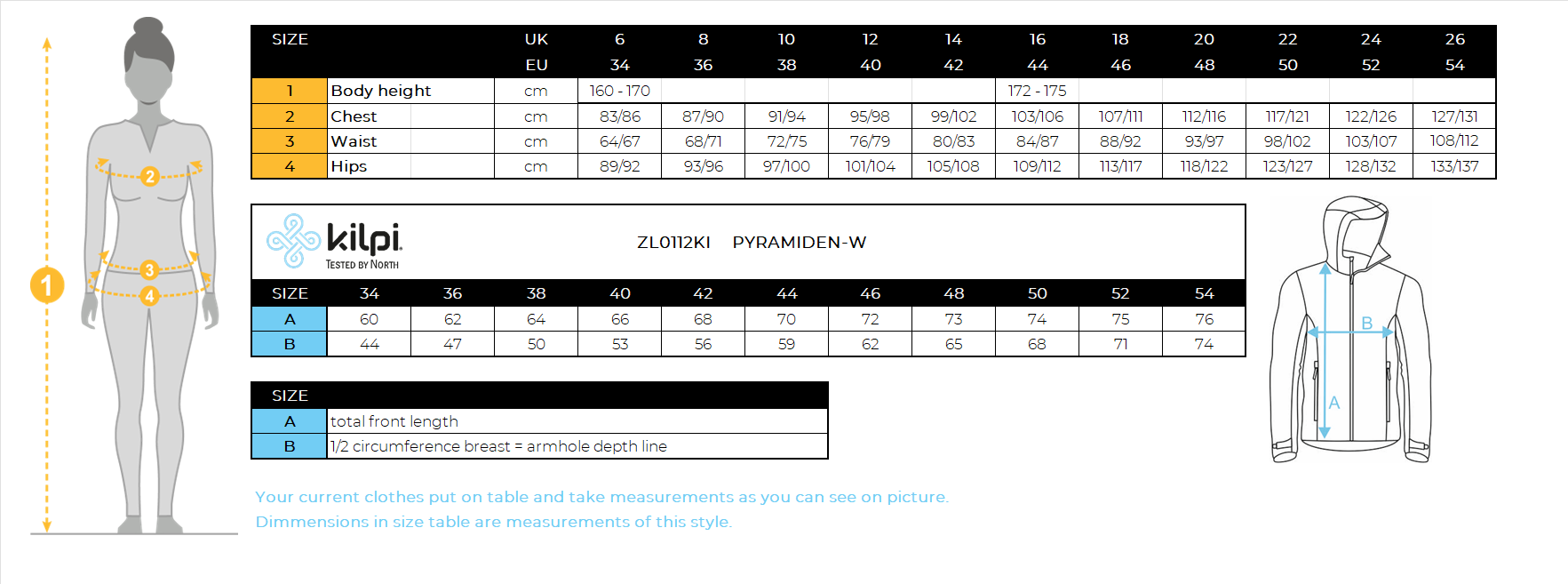 FEMMEla doudoune Kilpi PYRAMIDEN-W – Size chart