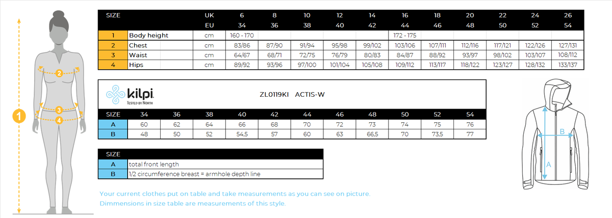 FEMMEla veste isolante de Kilpi ACTIS-W – Size chart