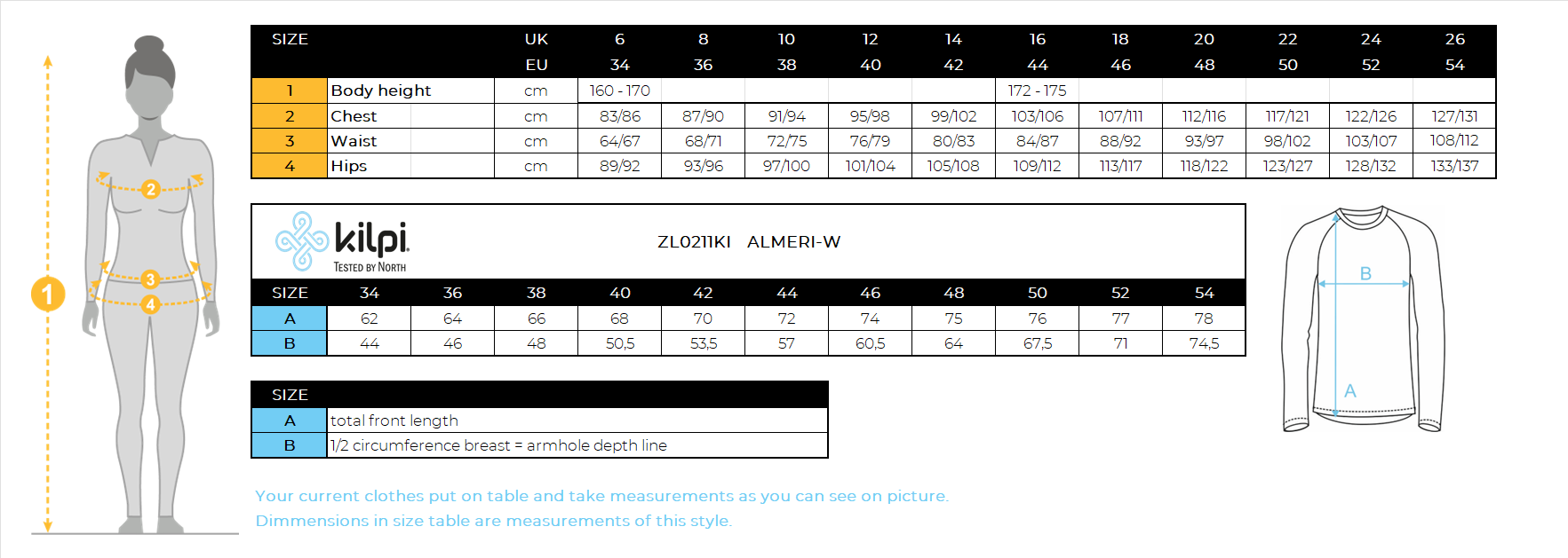 FEMMEle sweat-shirt en polaire Kilpi ALMERI-W – Size chart