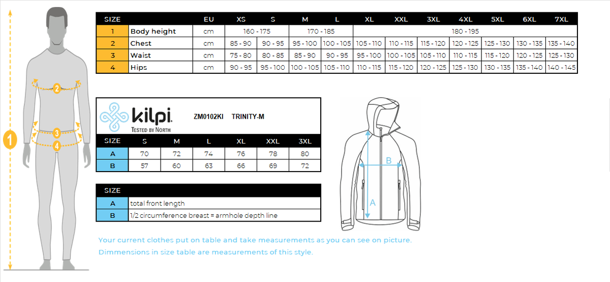 HOMMEla veste hardshell de Kilpi TRINITY-M – Size chart