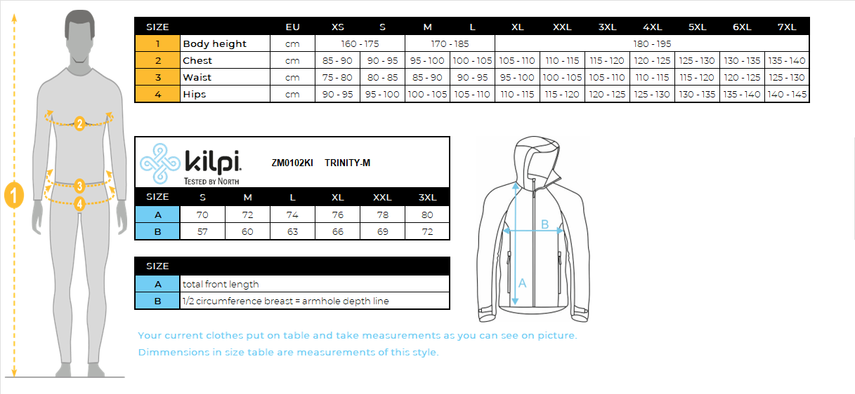 HOMMEla veste hardshell de Kilpi TRINITY-M – Size chart