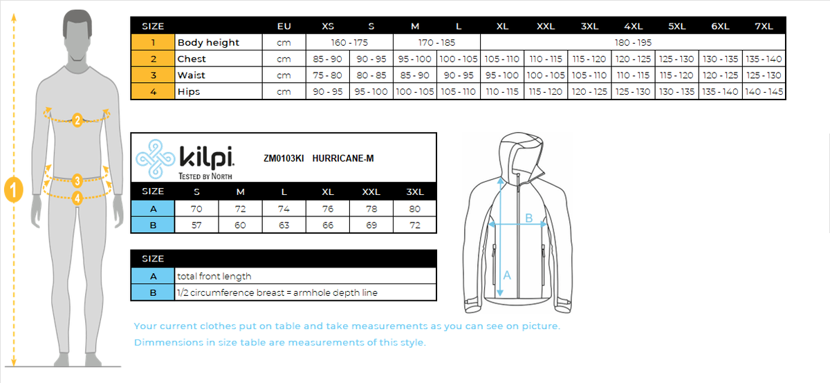 HOMMEla veste hardshell de Kilpi HURRICANE-M – Size chart
