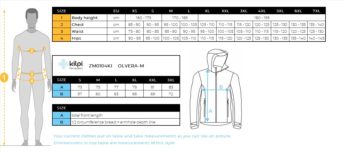 HOMMEla veste d'extérieur Kilpi OLVERA-M – Size chart