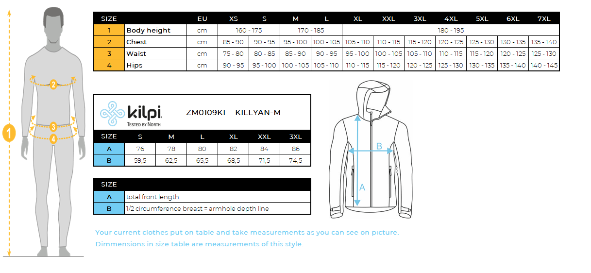 Men's ski jacket Kilpi KILLYAN-M – Size chart
