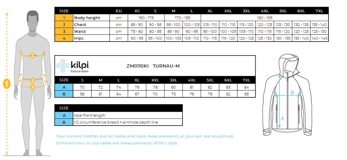 HOMMEla veste de ski de Kilpi TURNAU-M – Size chart