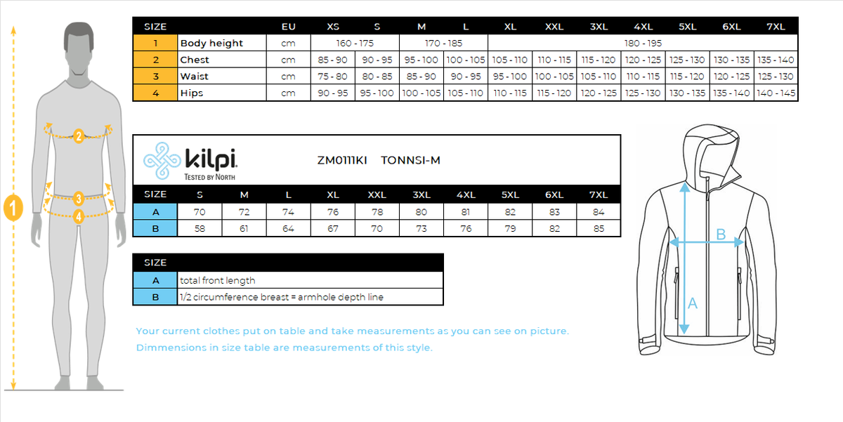 HOMMEla veste de ski de Kilpi TONNSI-M – Size chart