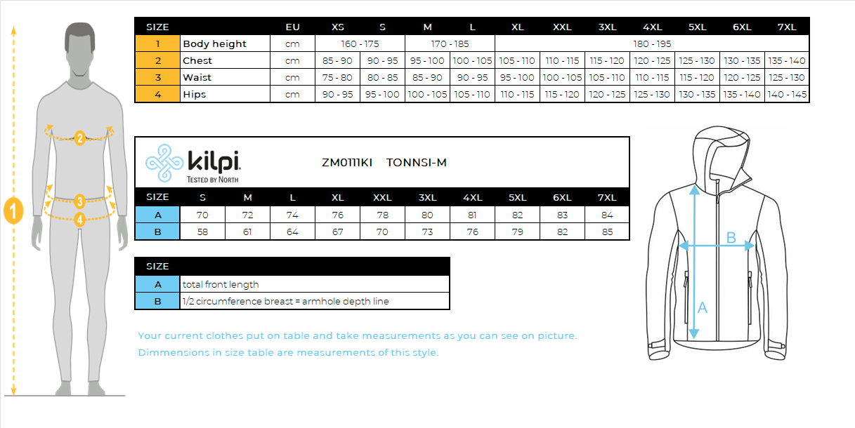 HOMMEla veste de ski de Kilpi TONNSI-M – Size chart