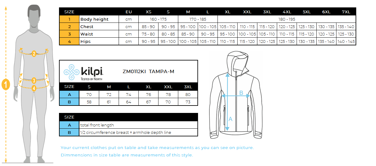 HOMMEla veste de ski de Kilpi TAMPA-M – Size chart