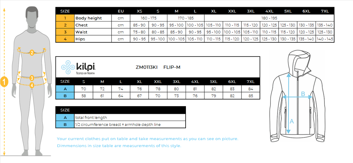 Men's ski jacket Kilpi FLIP-M – Size chart