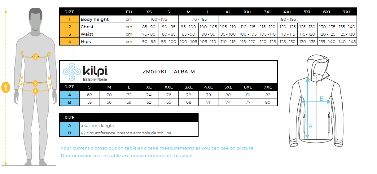 Men's insulated jacket Kilpi ALBA-M – Size chart