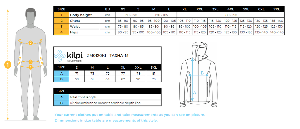 Men's insulated jacket Kilpi TASHA-M – Size chart