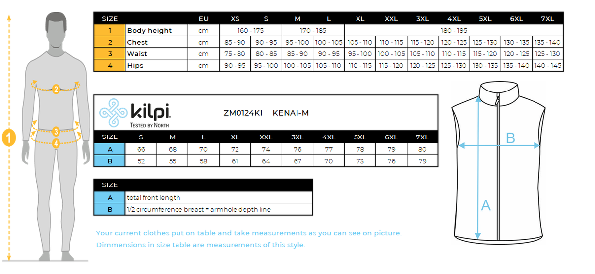 HOMMEle gilet isolant Kilpi KENAI-M – Size chart