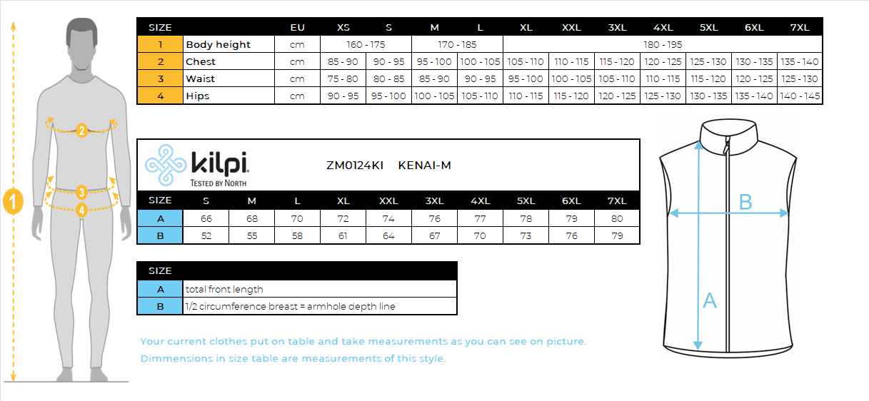 HOMMEle gilet isolant Kilpi KENAI-M – Size chart