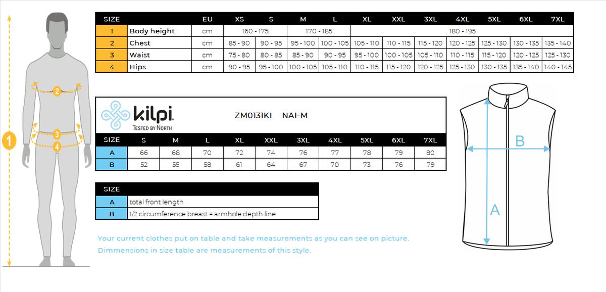 Men's insulated vest Kilpi NAI-M – Size chart