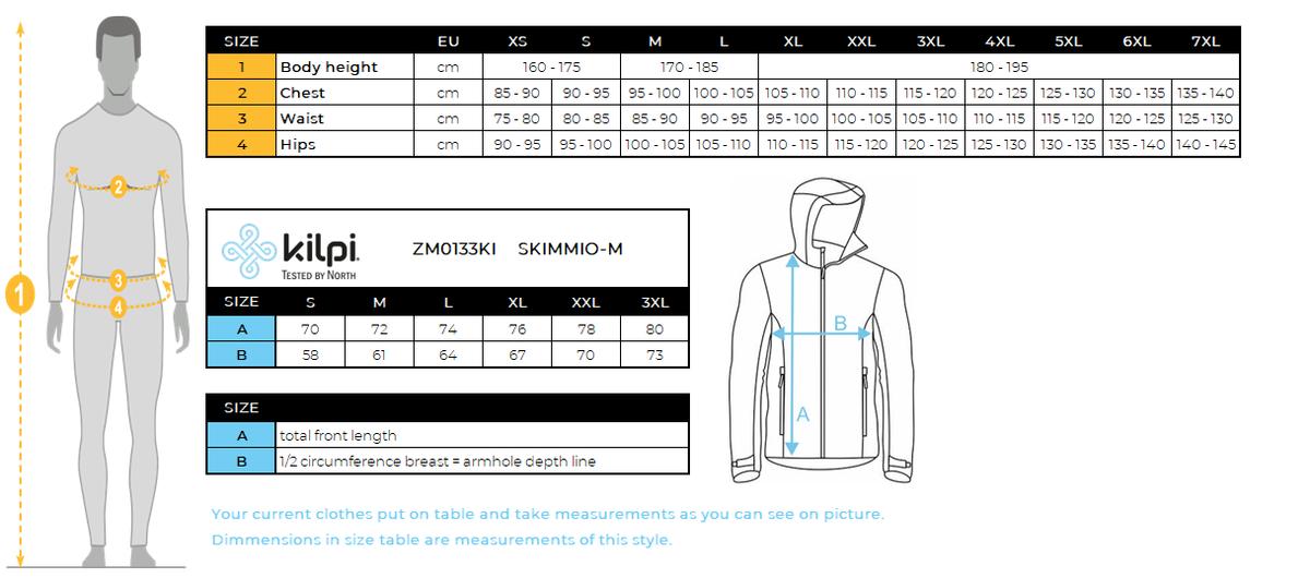 Men's ski jacket Kilpi SKIMMIO-M – Size chart