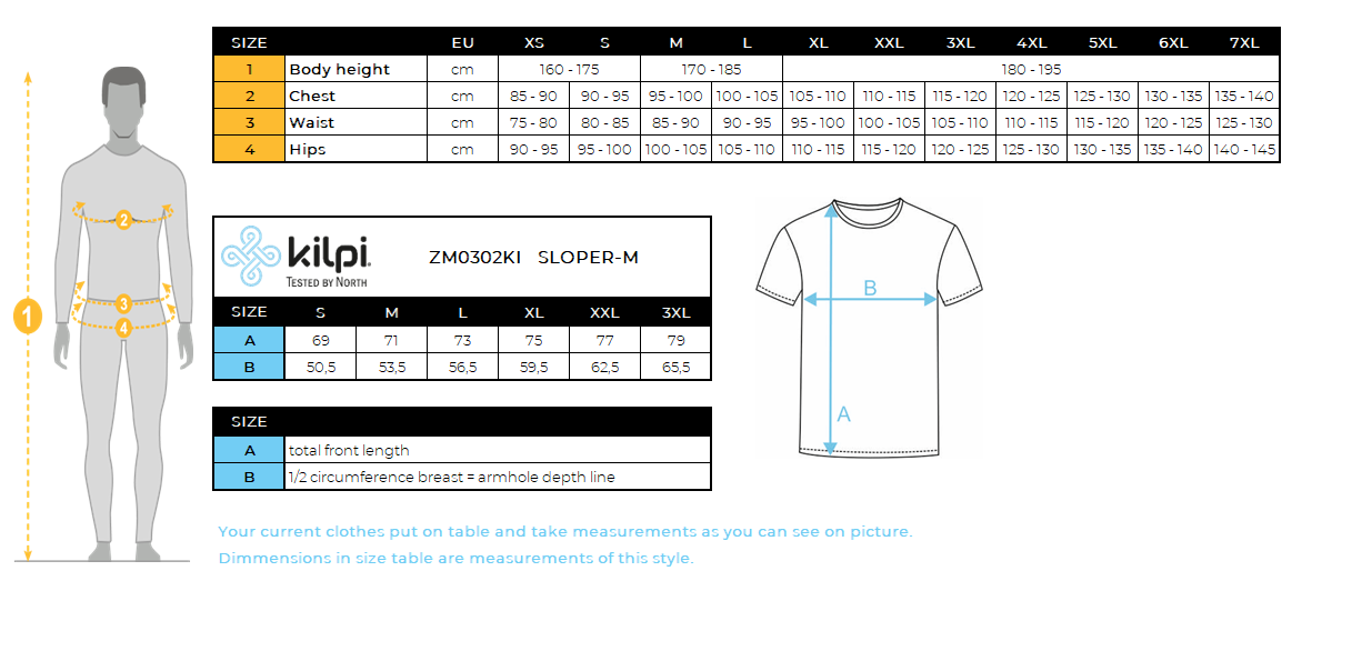 Men's merino wool T-shirt Kilpi SLOPER-M – Size chart