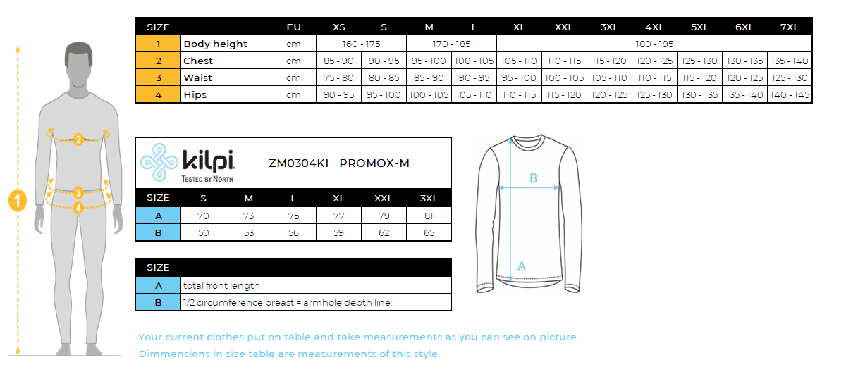 HOMMET-shirt à manches longues en coton Kilpi PROMOX-M – Size chart