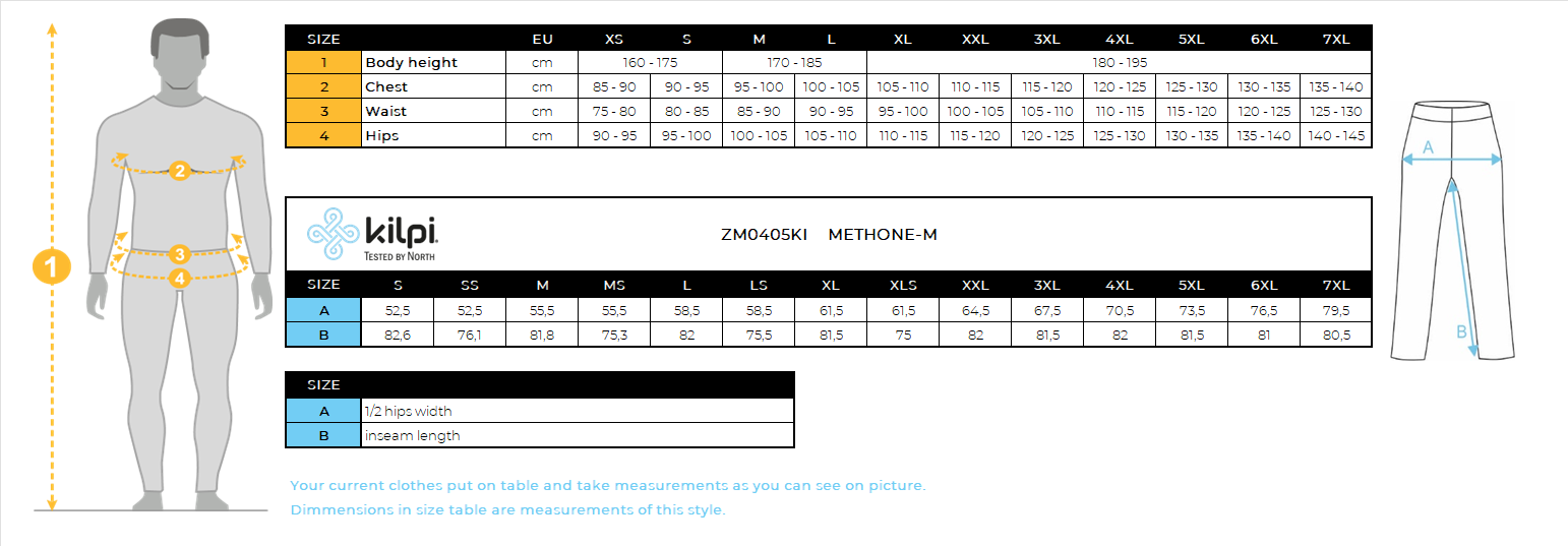 HOMMEle pantalon de ski Kilpi METHONE-M – Size chart