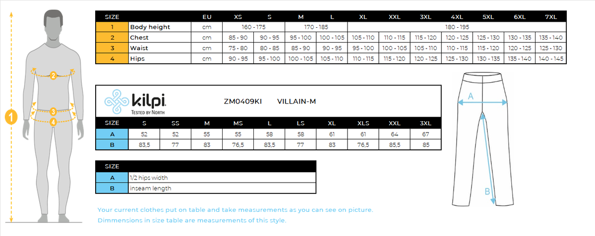 HOMMEle pantalon d'extérieur Kilpi VILLAIN-M – Size chart