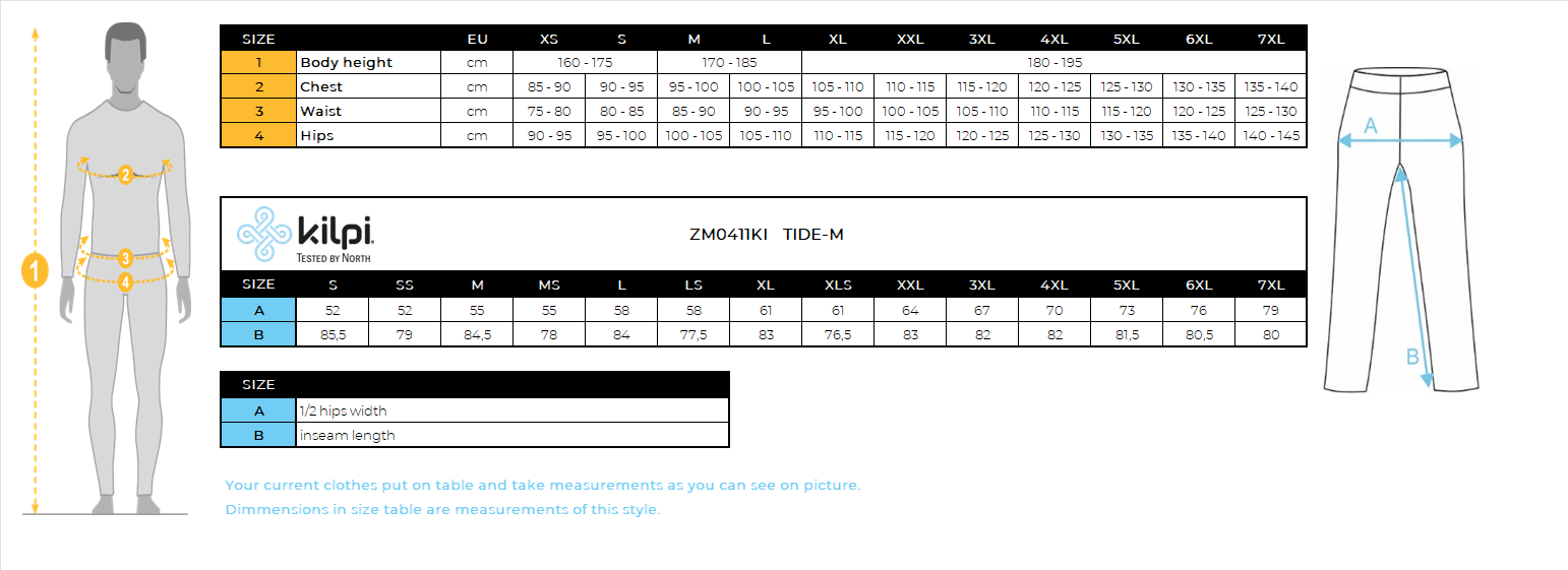 HOMMEle pantalon d'extérieur Kilpi TIDE-M – Size chart