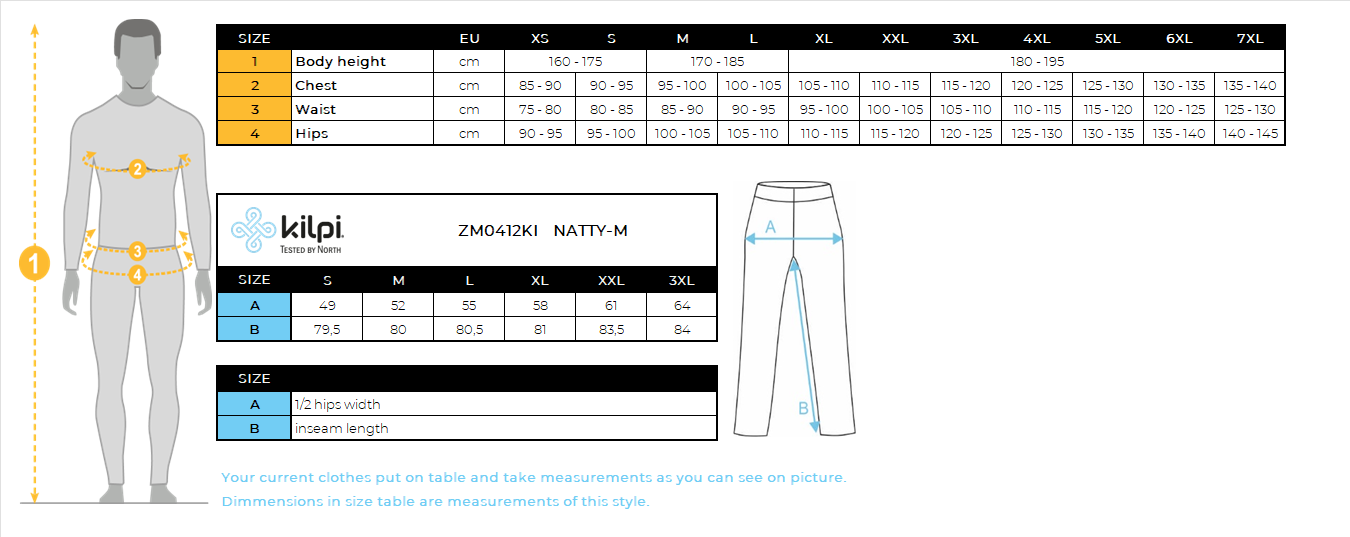 HOMMEle pantalon de survêtement Kilpi NATTY-M – Size chart