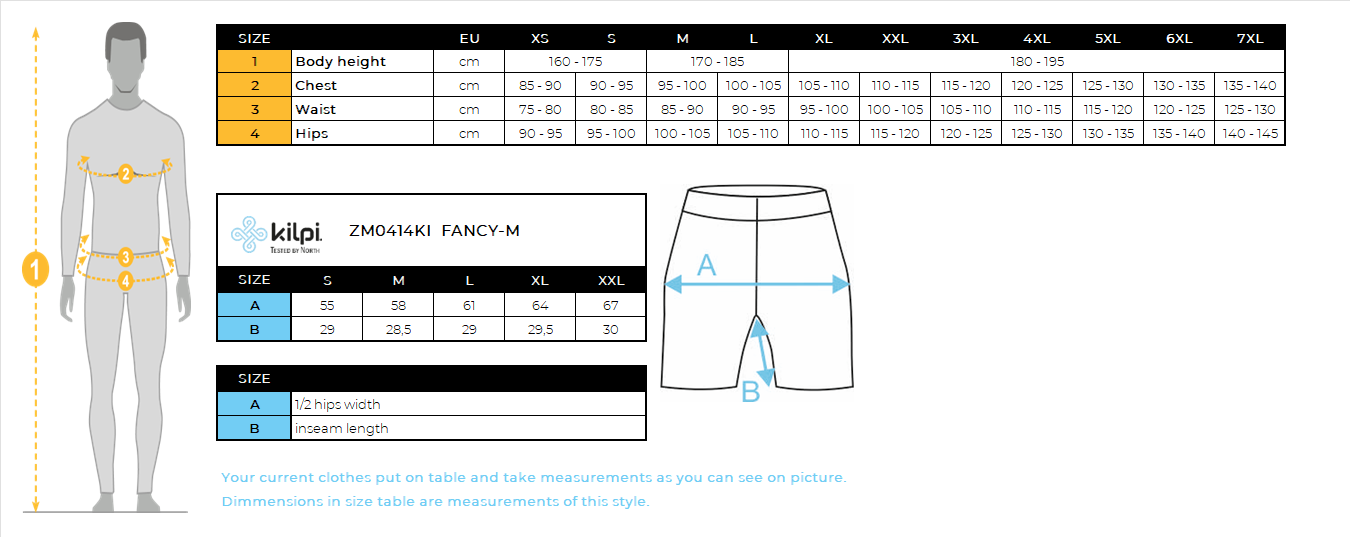 Men's insulated shorts Kilpi FANCY-M – Size chart