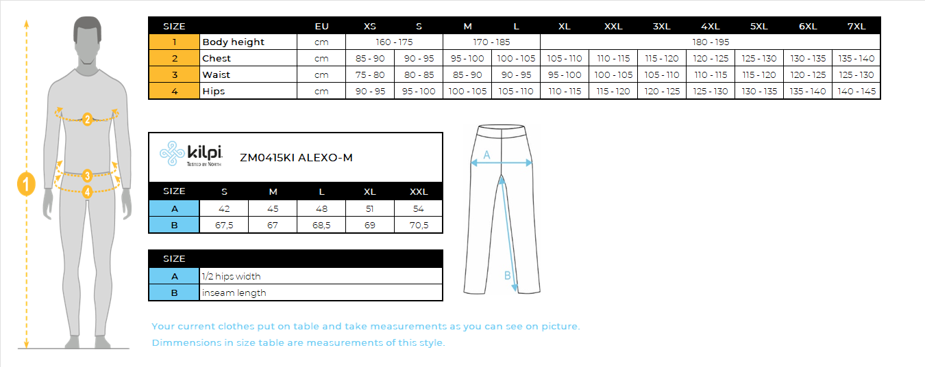 Men's sports leggings Kilpi ALEXO-M – Size chart