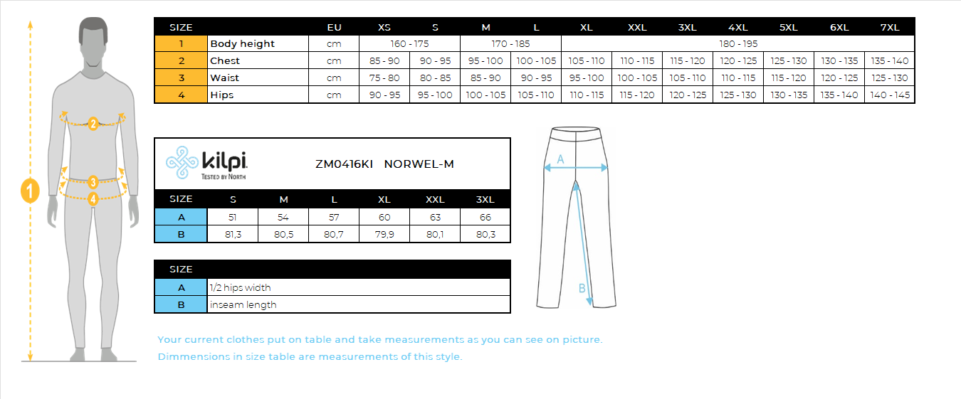 HOMMEle pantalon de course Kilpi NORWEL-M – Size chart