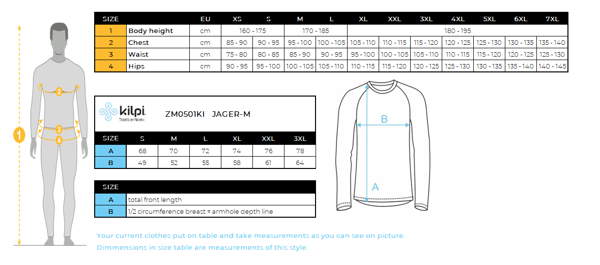 Men's long sleeve merino wool base layer top Kilpi JAGER-M – Size chart