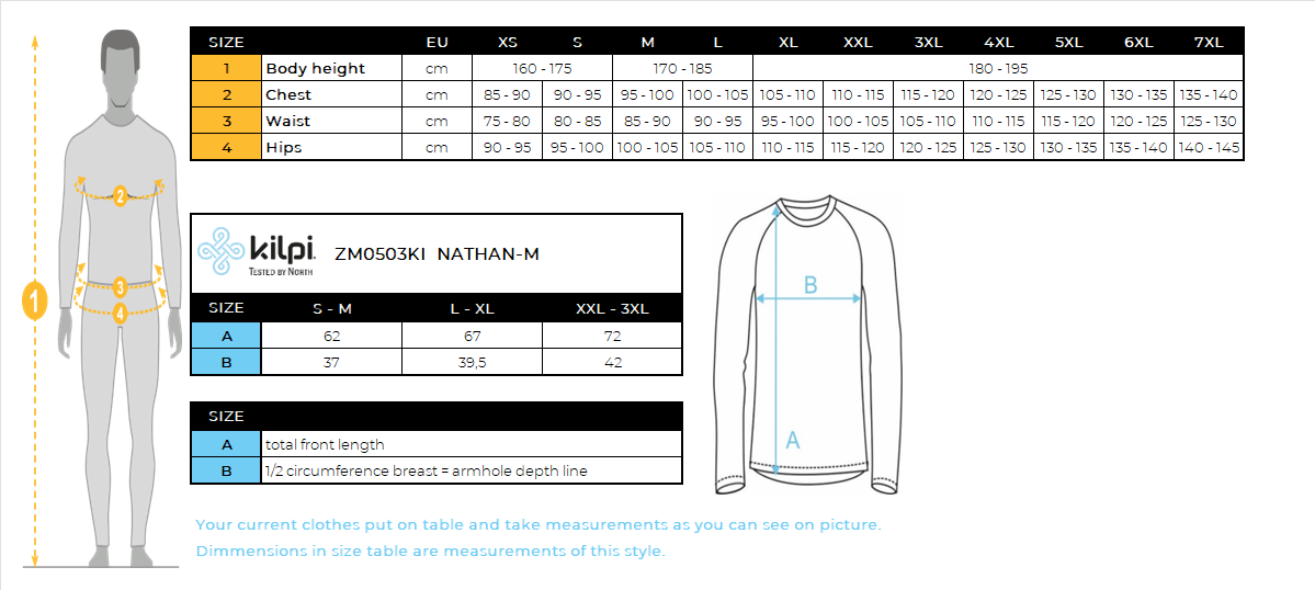 HOMMET-shirt thermique sans coutures à manches longues Kilpi NATHAN-M – Size chart