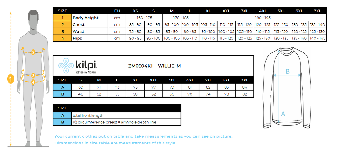 HOMMELe t-shirt thermique à manches longues Kilpi WILLIE-M – Size chart